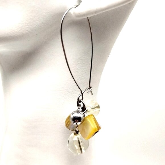 Artisan Clear Glass Bead & MOP Shell Cluster Dangle Earrings with Latch Wires - Picture 5 of 13